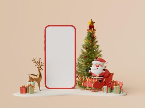Christmas shopping online on mobile concept, Blank screen mobile with Santa Claus, Christmas tree and decoration on snow ground, 3d illustration