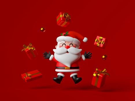 Santa Claus with Christmas gift on red background, Merry Christmas, 3d illustration