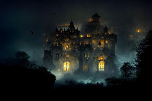 large haunted castle with many illuminated windows at spooky misty dark halloween night, neural network generated art. Digitally generated image. Not based on any actual scene or pattern.