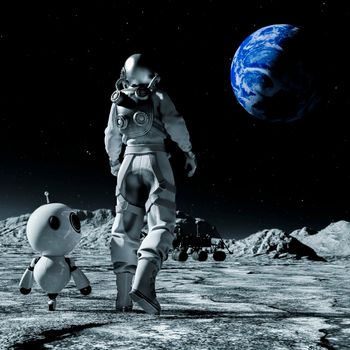 Astronaut and small robot at the spacewalk on the moon looking at the earth. 3d rendering.
