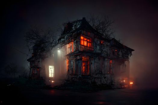 dark haunted house with illuminated windows at spooky misty dark halloween night, neural network generated art. Digitally generated image. Not based on any actual scene or pattern.