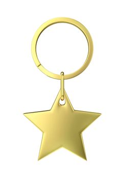 Shiny gold keyring with star isolated on white background, front view