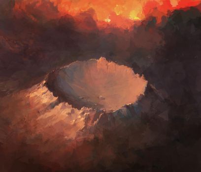 Crater in Night under Burn Sky. Illustration of Danger