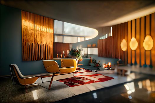 mid century modern style interior, neural network generated art. Digitally generated image. Not based on any actual scene or pattern.