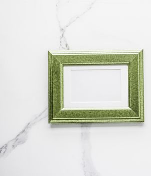 Modern feminine, artwork mock up, luxury design concept. Decorate with chic and style - Green photo frame on marble, flatlay