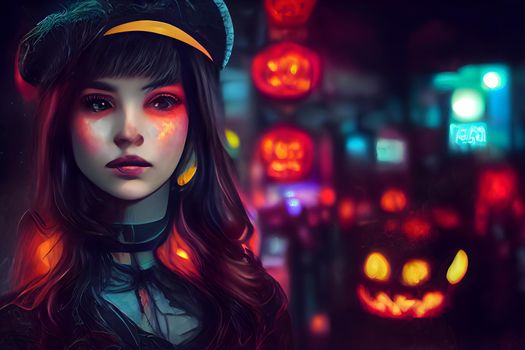 Caucasian woman at night in witch costume and makeup, halloween look, night illuminated street. Neural network generated art. Digitally generated image. Not based on any actual scene or pattern.