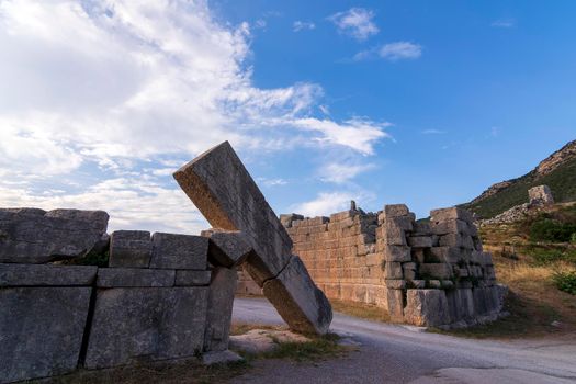 Ruins of the Arcadian gate and walls near ancient Messene(Messini). Greece.