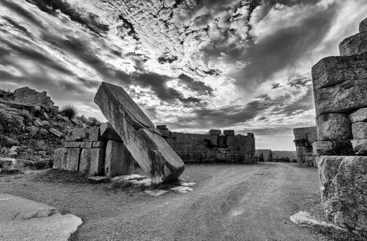 Ruins of the Arcadian gate and walls near ancient Messene(Messini). Greece.