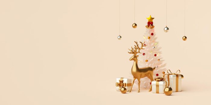 3d illustration Christmas banner of Reindeer with Christmas tree, gift box and decoration