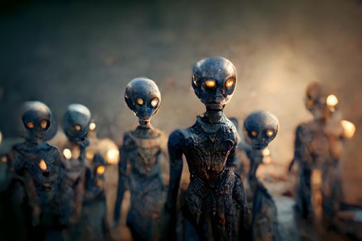 group of ugly barely humanoid aliens in ominous misty atmosphere, neural network generated art. Digitally generated image. Not based on any actual scene or pattern.