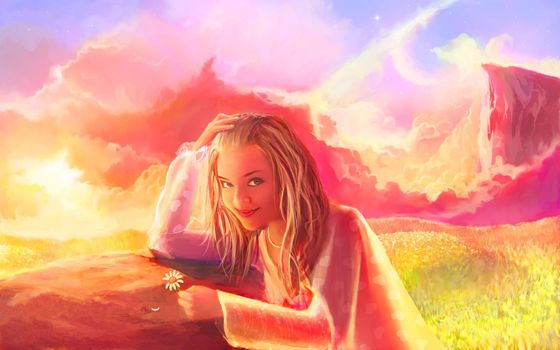 Girl in Fairytale on Fantasy Scenic Illustration 