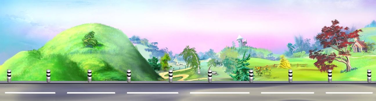 Suburban highway on a sunny summer day. Digital Painting Background, Illustration.