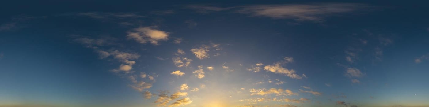 Sky panorama with Cirrus clouds in Seamless spherical equirectangular format. Full zenith for use in 3D graphics, game and editing aerial drone 360 degree panoramas for sky replacement