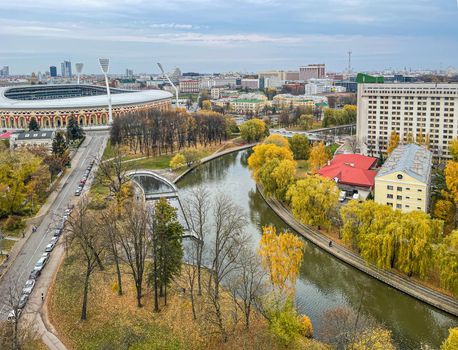 View of Minsk Cityscape in Belarus with Svislach River in sunny autumn day. High quality photo