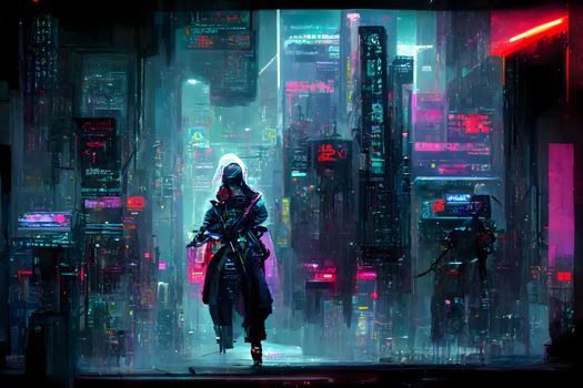 cyberpunk assasin figure in night cyberpunk style neon illuminated city environment, neural network generated art. Digitally generated image. Not based on any actual scene or pattern.