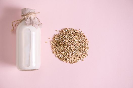 Flat lay. Selective focus. Heap of green buckwheat grains and a bottle of organic wholesome vegan milk, a plant based, non dairy, lactose free drink, milk replacer on pink background. Copy ad space
