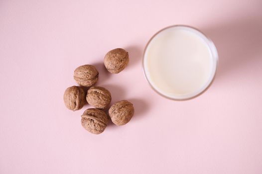 Still life with a plant based milk in a drinking glass, alternative non dairy drink and a heap of organic wholesome walnuts on a pink background with advertising copy space. Healthy food and drink