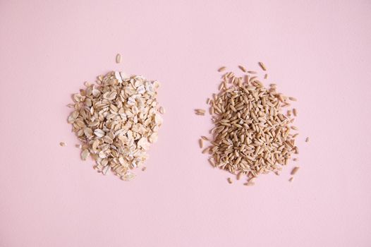 Flat lay. Heap of oatmeal groats and oat-flakes scattered on pink background with copy space. Vegan wholesome ingredients for making plant based milk, alternative dairy free vegan drink. Veganism.