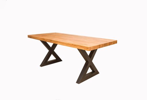 wooden table with black metal legs on white background standing at an angle of 45 degrees