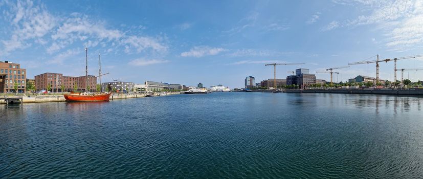 Kiel, Germany - 13.August 2021: Panorama of the port of Kiel in Germany on a sunny day