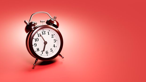 Black Classic Alarm Clock on Red Background with Copy Space 3D Render Illustration