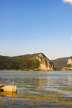Beautiful view at Danube Gorge (Iron Gates), Danube river landscape on sunny day