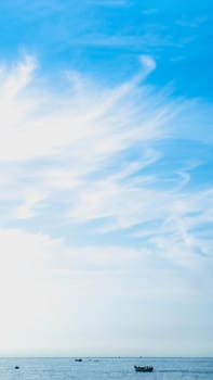 BANNER, VERTICAL STORY Atmosphere panorama white cloud clear blue sky horizon line calm empty sea. Concept paradise life. Design relax wallpaper background. More tone format in stock.