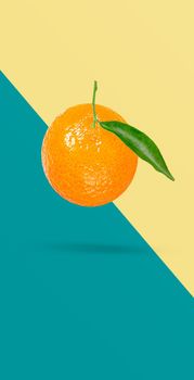 Minimal fruit concept. Whole mandarine on pastel green and yellow background.