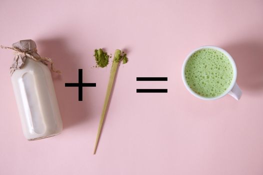 Flat lay. Recipe for antioxidant healthy oriental refreshing drink. A bottle of organic plant-based milk plus scoop of powdered green tea equal matcha latte, over pink background. Japanese traditions