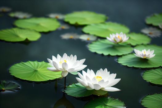 3D illustration white lotus flower pad in pond isolated on blur background. Loy krathong concept background.