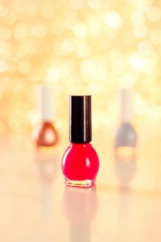 Beauty, make-up and cosmetics concept - Nail polish bottles, manicure and pedicure collection