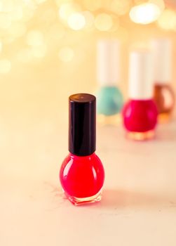 Beauty, make-up and cosmetics concept - Nail polish bottles, manicure and pedicure collection