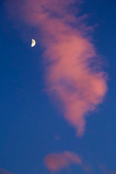 Crescent moon between pink clouds on blue sky in southern Spain in summer