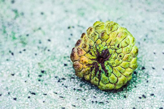 Real photo Ripened close macro sugar custard apple annona exotic tropical fruit. Oval scaly skin texture surface rough. Bright yellow green contrast color. Beauty nature wallpaper background.