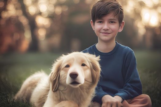 3D Render of Boy and his dog are best friends with beautifully lit bokeh.