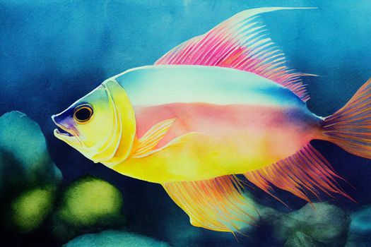 3D Render of Fish digital art painting. Watercolor Animals, pastel colors.