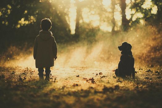 3D Render of Boy and his dog are best friends with beautifully lit bokeh.