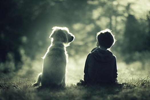 3D Render of Boy and his dog are best friends with beautifully lit bokeh.