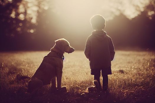 3D Render of Boy and his dog are best friends with beautifully lit bokeh.