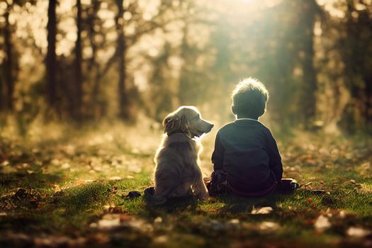 3D Render of Boy and his dog are best friends with beautifully lit bokeh.