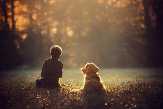 3D Render of Boy and his dog are best friends with beautifully lit bokeh.