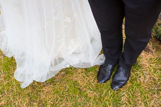 Bride and Groom in forest. The moment of natural Happiness and Love.