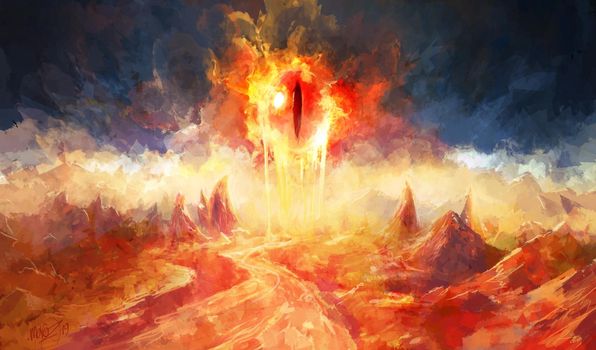 The Eye from which lava flows - Fantasy Concept art with Mountains Landscape and lava river. Modern, expressive art personifying rebellion, metal music, grief