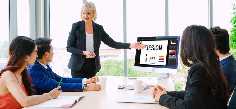Graphic designer software for modern design of web page and commercial ads showing on the computer screen