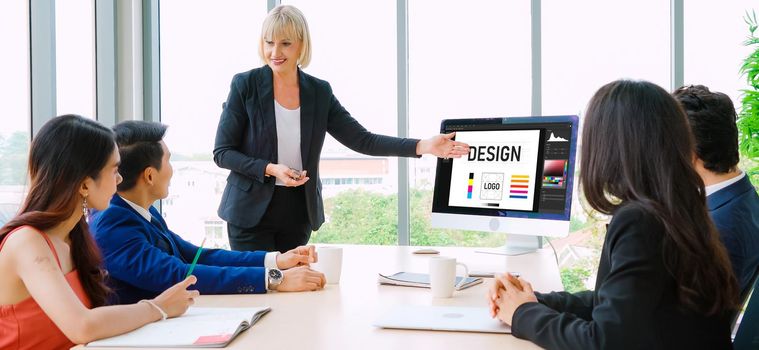 Graphic designer software for modern design of web page and commercial ads showing on the computer screen