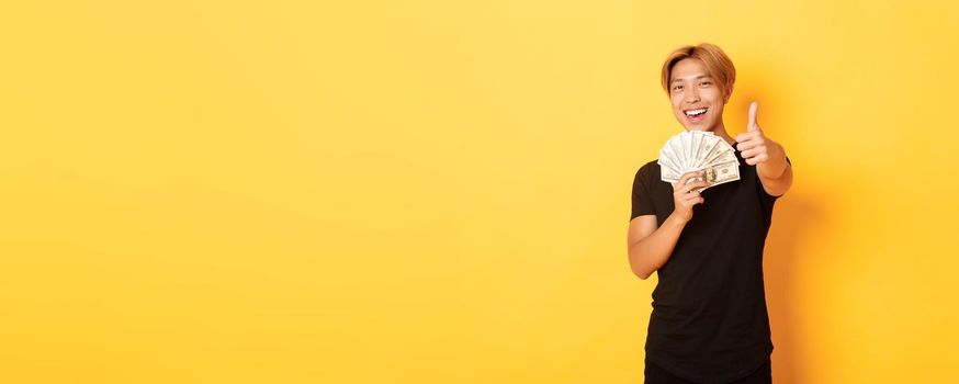 Portrait of handsome confident smiling asian guy showing thumbs-up and holding money, guarantee something, standing yellow background.