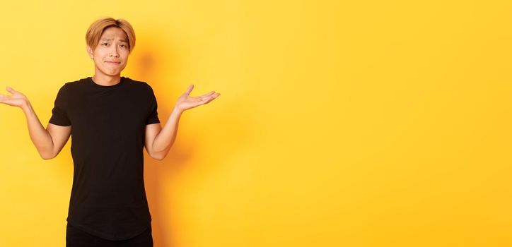 Portrait of confused and indecisive attractive korean guy, shrugging and pouting upset, standing yellow background.