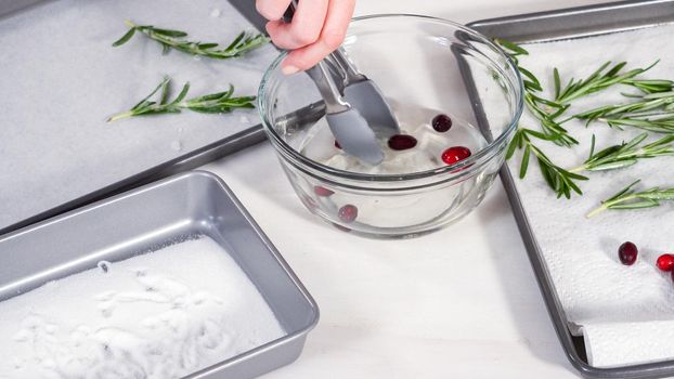 Step by step. Covering fresh cranberries and rosemary in sugar to decorate chocolate bundt cake with chocolate frosting.