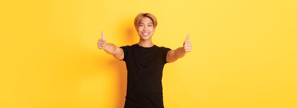 Portrait of assured handsome asian man showing thumbs-up in approval, like idea, standing yellow background.