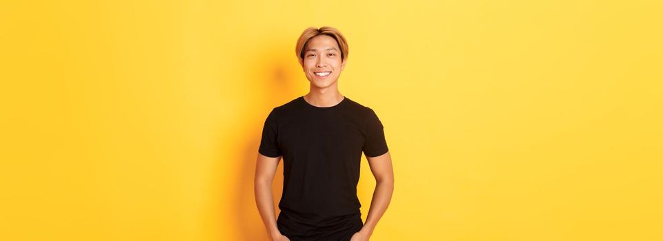 Attractive smiling asian man in black t-shirt, standing pleased, yellow background.